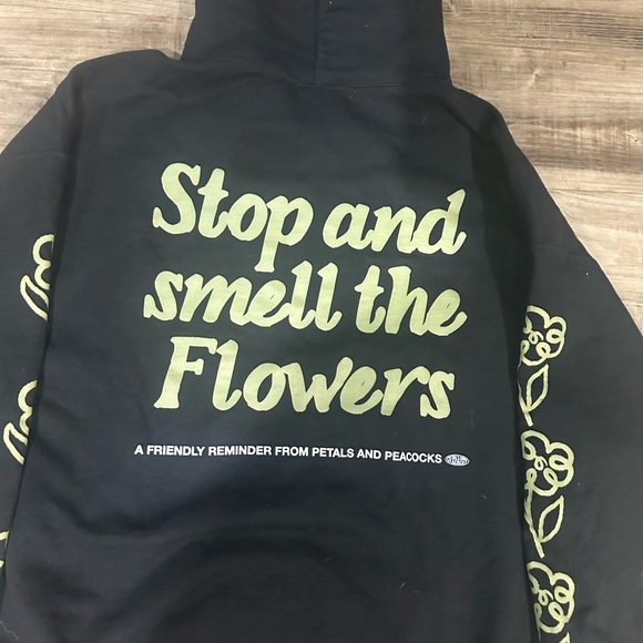 'Stop and smell the Flowers' Petals and Peacocks Black Fleece Pullover Hoodie - Picture 11 of 11